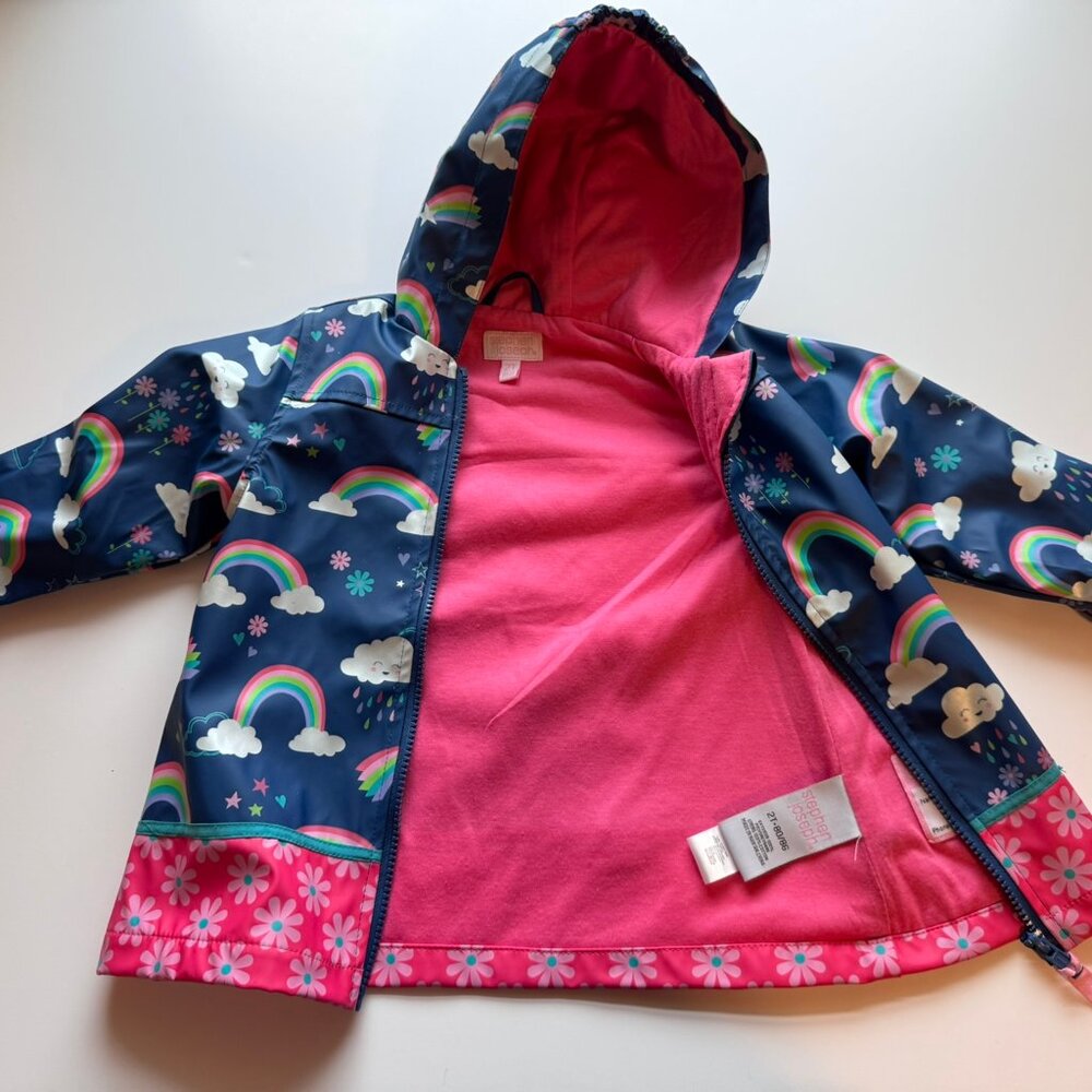 Stephen Joseph Blue Pink Rainbow Hooded Zip Raincoat Toddler sz 2T - Picture 3 of 6